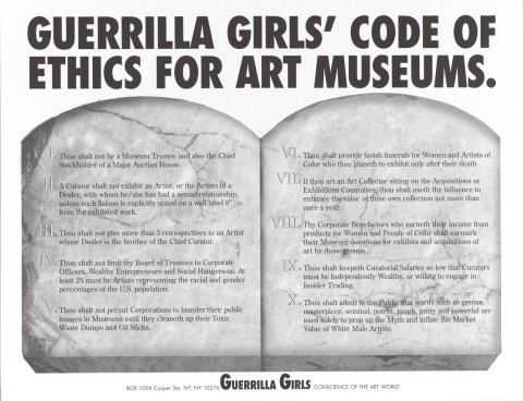 an image of two tombstones with a title: 'Guerrilla Girls, Guerrilla Girls' Code of Ethics for Art Museums'.
