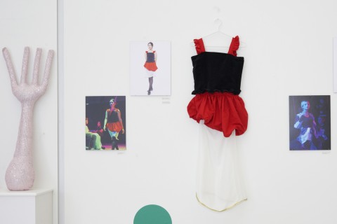 a line up of color photographs and costumes hung on a white gallery wall.