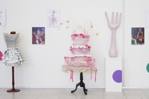 a line up of color photographs and costumes hung on a white gallery wall.