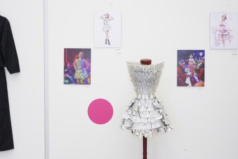 a line up of color photographs and costumes hung on a white gallery wall.