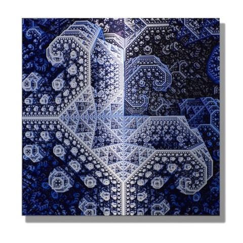 a highly detailed, pixelated image in blue and whites that resembles a view through a kaleidoscope.