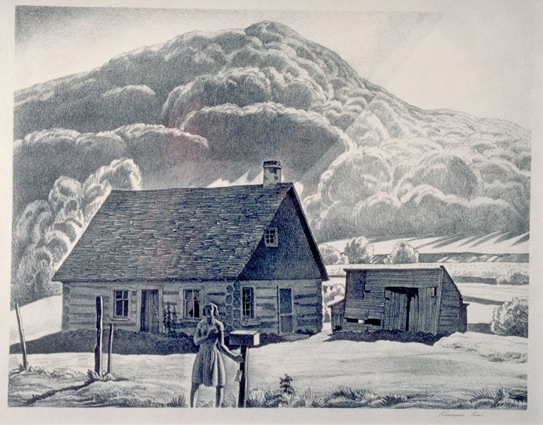 Illustration of a woman standing outside in front of a log cabin with treed hills in background.