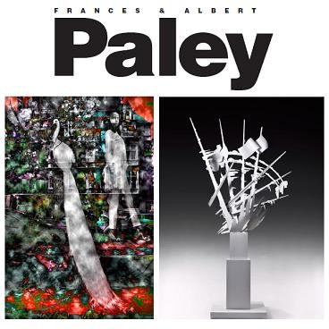 Graphic poster with text 'Frances Paley and Albert Paley - Recent Work'. Images of abstracted photographic image of a peacock and a standing white metal sculpture with sword-like protrusions