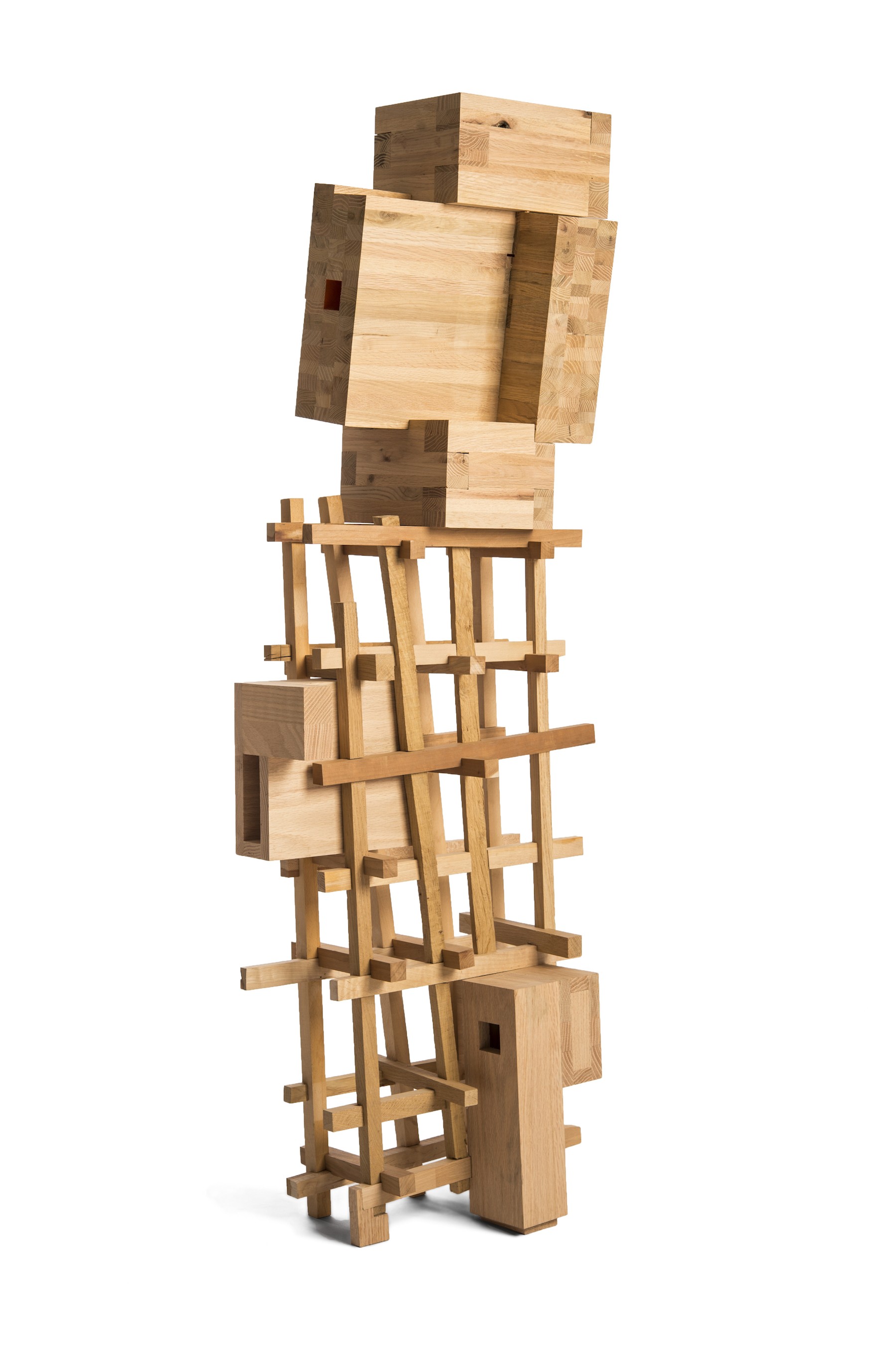 Tall and narrow sculptural form made of pieces of wood stock stacked in a ladder shape with four box forms at the top.