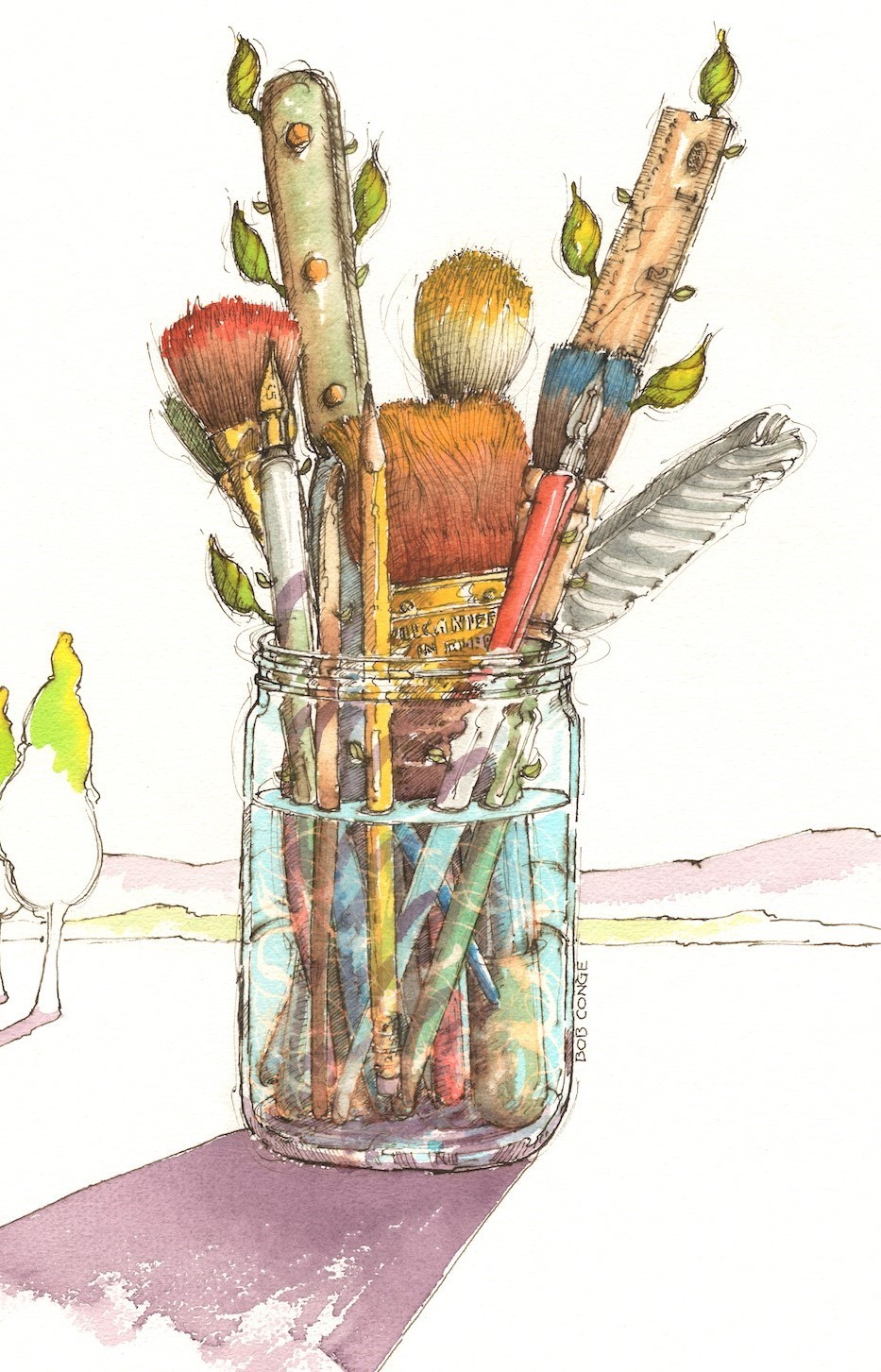 Handrawn pen and ink illustration of artist's paint brushes in a glass canning jar