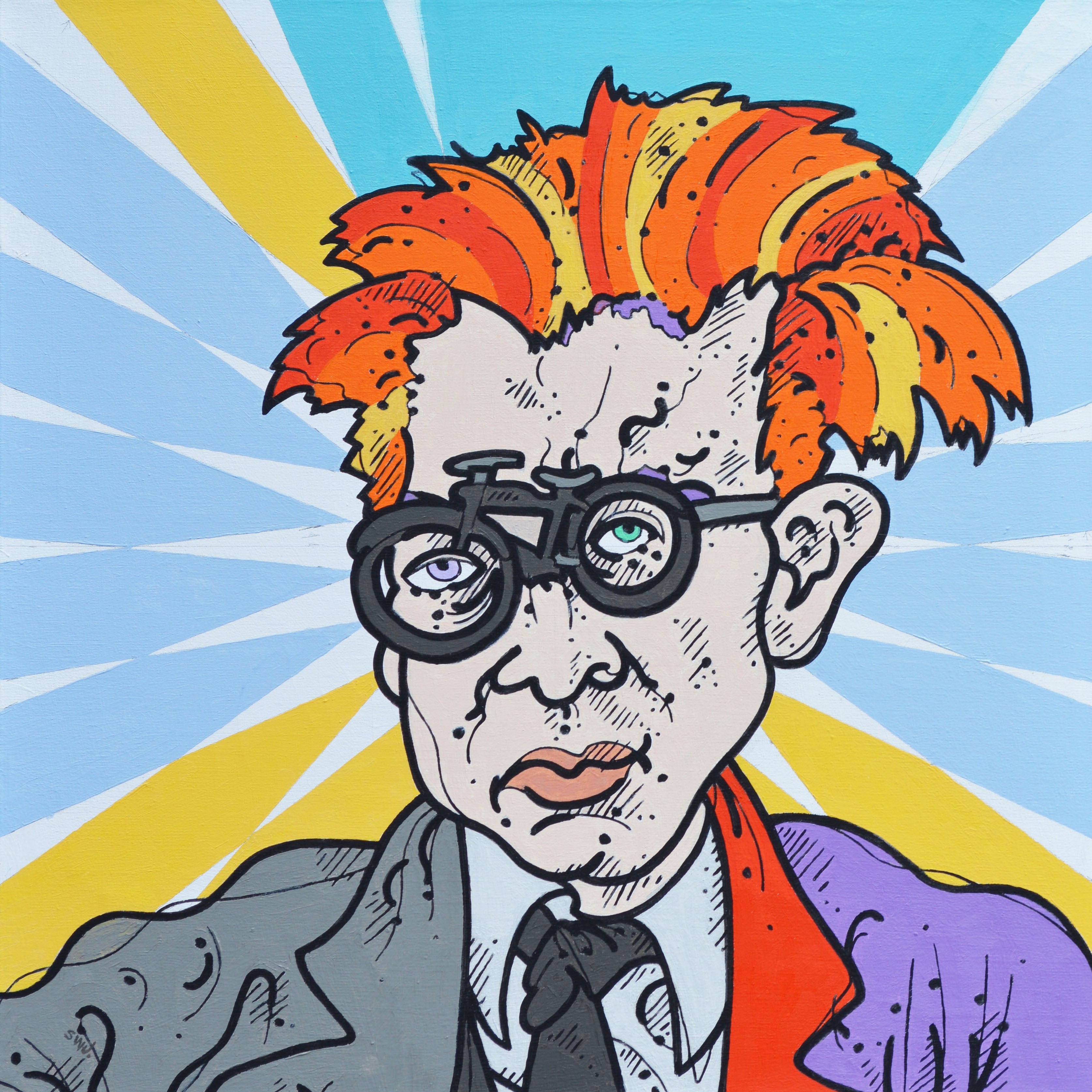 Colorful and cartoonish portrait of Aldous Huxley wearing glasses shaped like a bicycle. A bright halo of alternating bands of color behind his head.