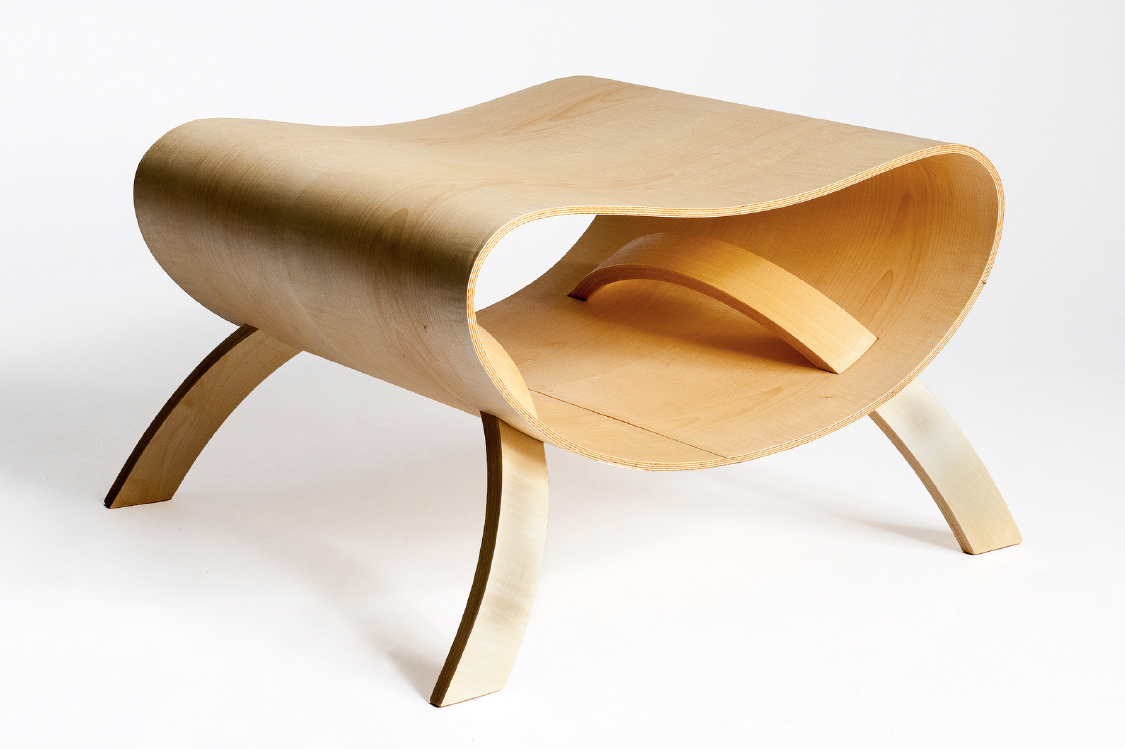 Modern stool design in steam bent plywood