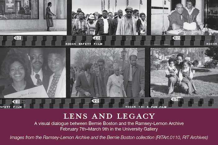 a print post card announcement of the exhibition with black and white photo strips of family gatherings and historic gatherings with the title 'Reframing History Through Lense and Legacy: A visual dialogue between Bernie Boston and the Ramsey-Lemon Archive'.