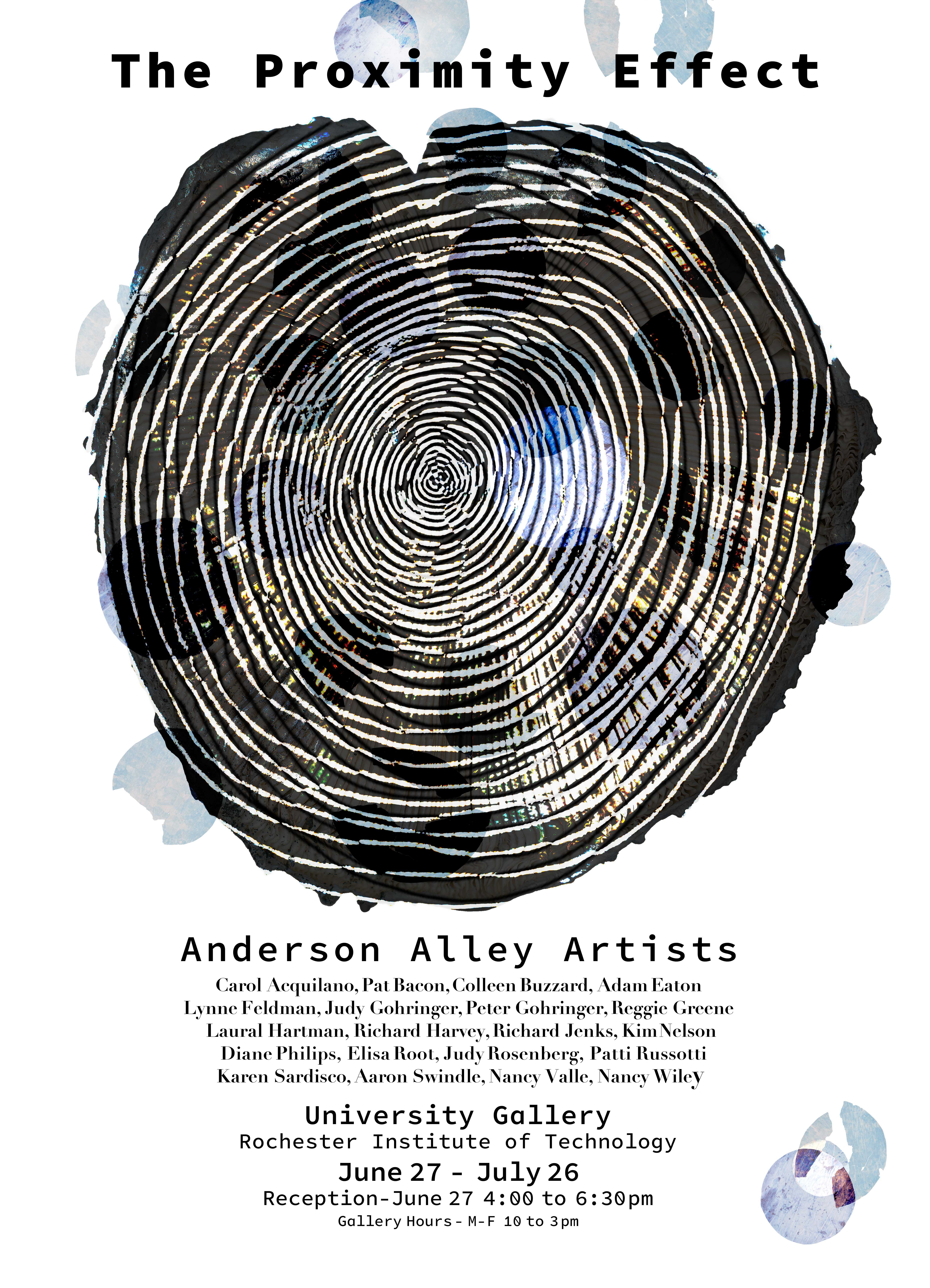 a graphic poster 'The Proximity Effect' with a list of artist names under an image of a cross section of a tree trunk.