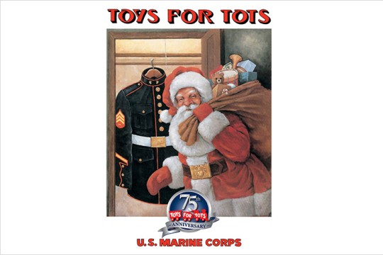 Toys for Tots poster with a drawing of Santa holding a bag of toys in front of a closet with a Marine uniform.