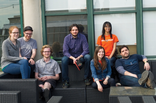 People sitting outside window