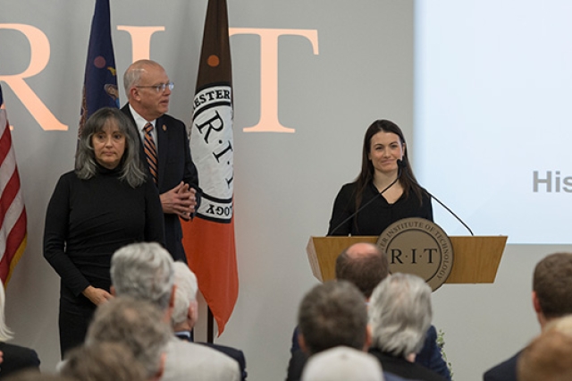 Lindsay Reardon behind RIT Podium with Munson to the left of her.
