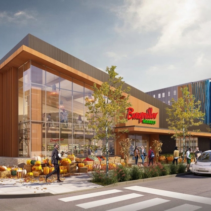 Artists rendering of Braymiller Market building with large glass windows