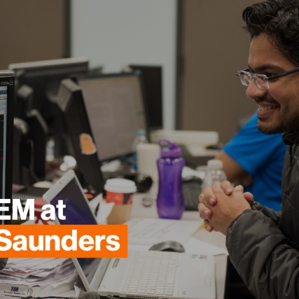 A Saunders international student studies in one of the computer labs. 