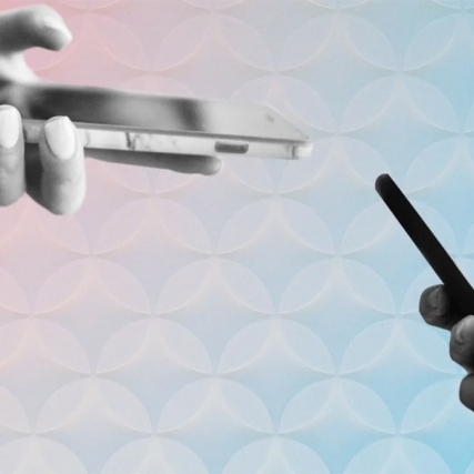 Two hands holding cellphones near each other.