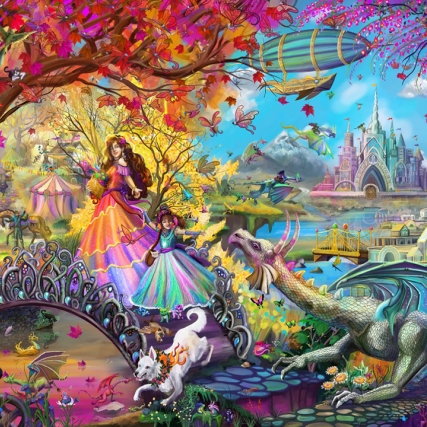 An illustration of two people walking across a bridge, surrounded by dragons and a playful dog.