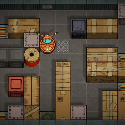 screenshot of video game showing a robot in a maze.