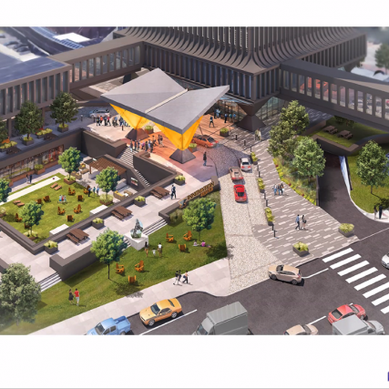 A Zoom presentation featuring a rendering of Innovation Square in downtown Rochester.