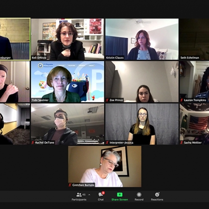 screenshot of 13 people on a Zoom videoconference call.