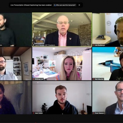 screenshot of nine people on a Zoom video call.