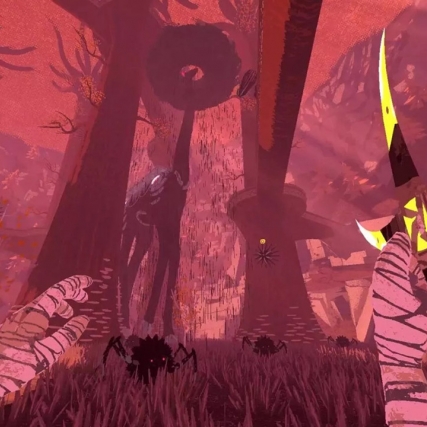 illustration of a first-person video game set in a jungle with the user holding a boomerang.