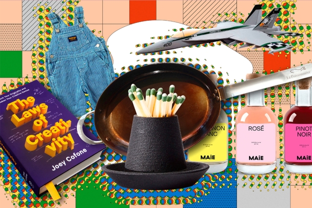 graphic showing a compilation of several products, including a book, children's overalls, wine bottles, a frying pan and a match striker.