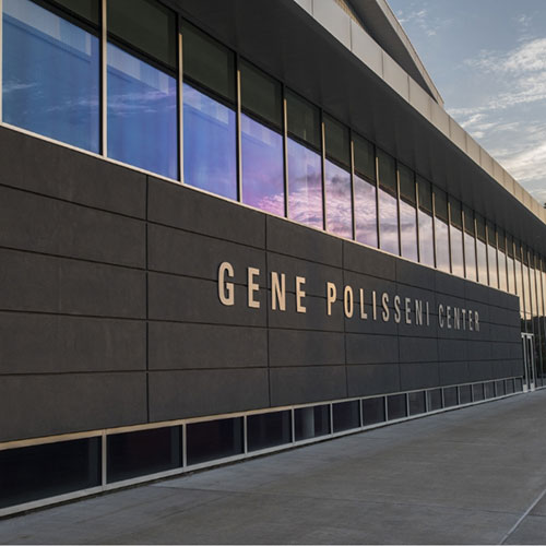 an exterior shot of the Gene Polisseni Center