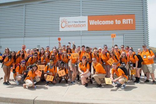 RIT orientation helpers all in orange shirts
