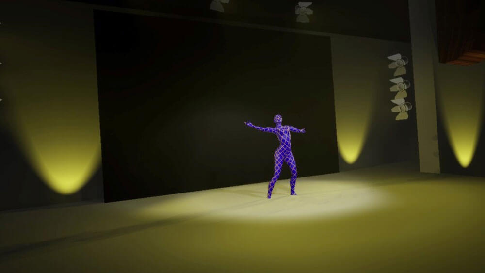 A 3D rendering of an actor/dancer performing on a stage.