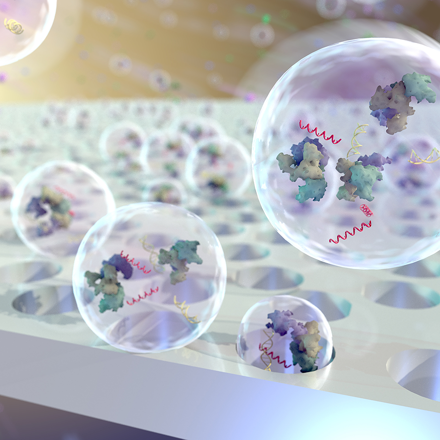 Illustration of microscopic biomolecules encapsulated in transparent droplets above a laboratory microarray surface.
