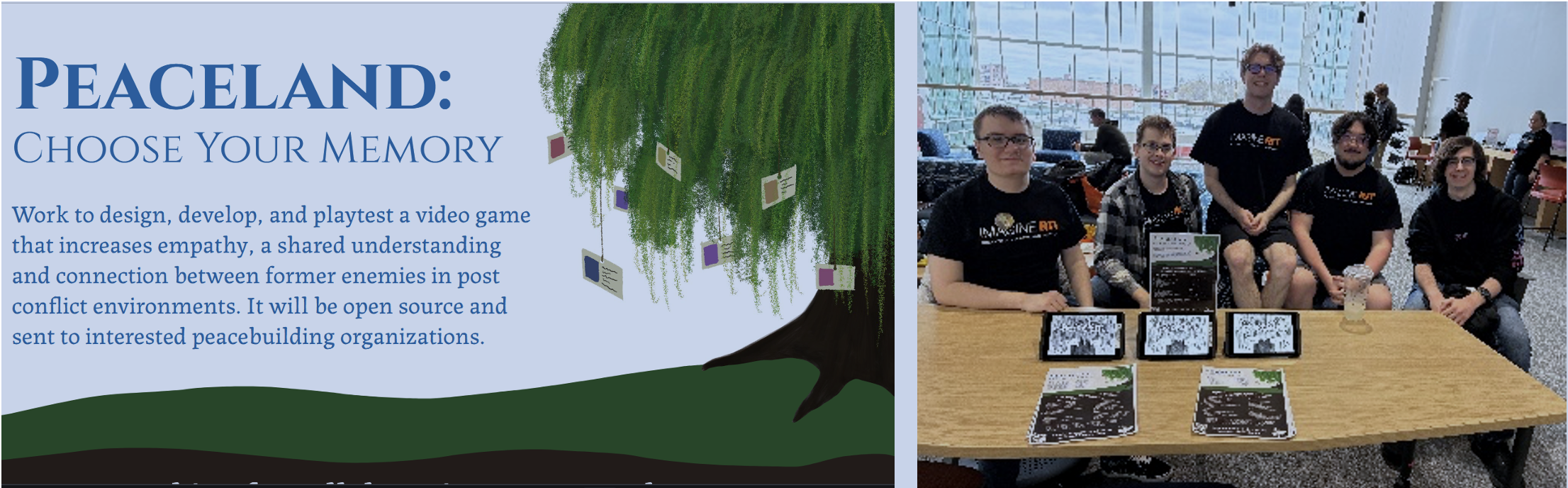 A student team presents “Peaceland: Choose Your Memory,” an open-source video game designed to foster empathy and connection in post-conflict environments, at the Imagine RIT festival.