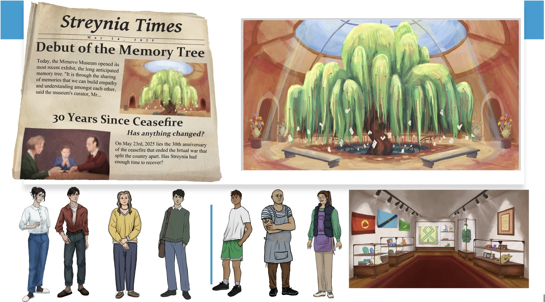 Illustrated concept art showing a newspaper announcing a museum’s “Memory Tree” exhibit, the glowing tree inside the museum, six diverse characters, and a gallery interior.