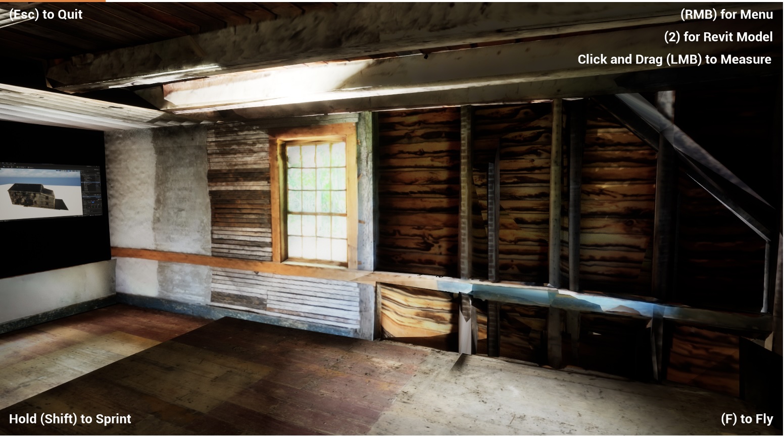 Sunlit interior of a partially renovated room with exposed wooden studs and beams, a single window casting bright light onto worn flooring, and a computer display on the left showing a 3D building model within an interactive visualization interface.”
