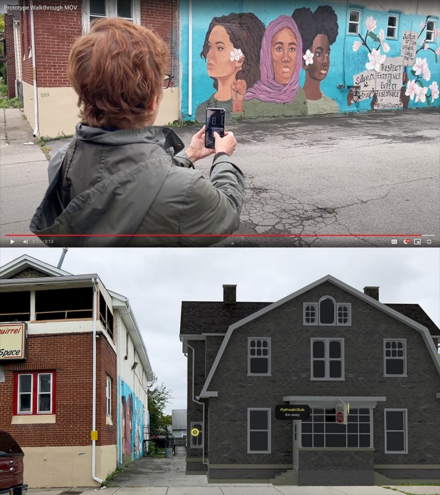 A person photographs a vibrant mural of three women on a city wall, while a digital mockup below shows the same location with added virtual signage and overlays.