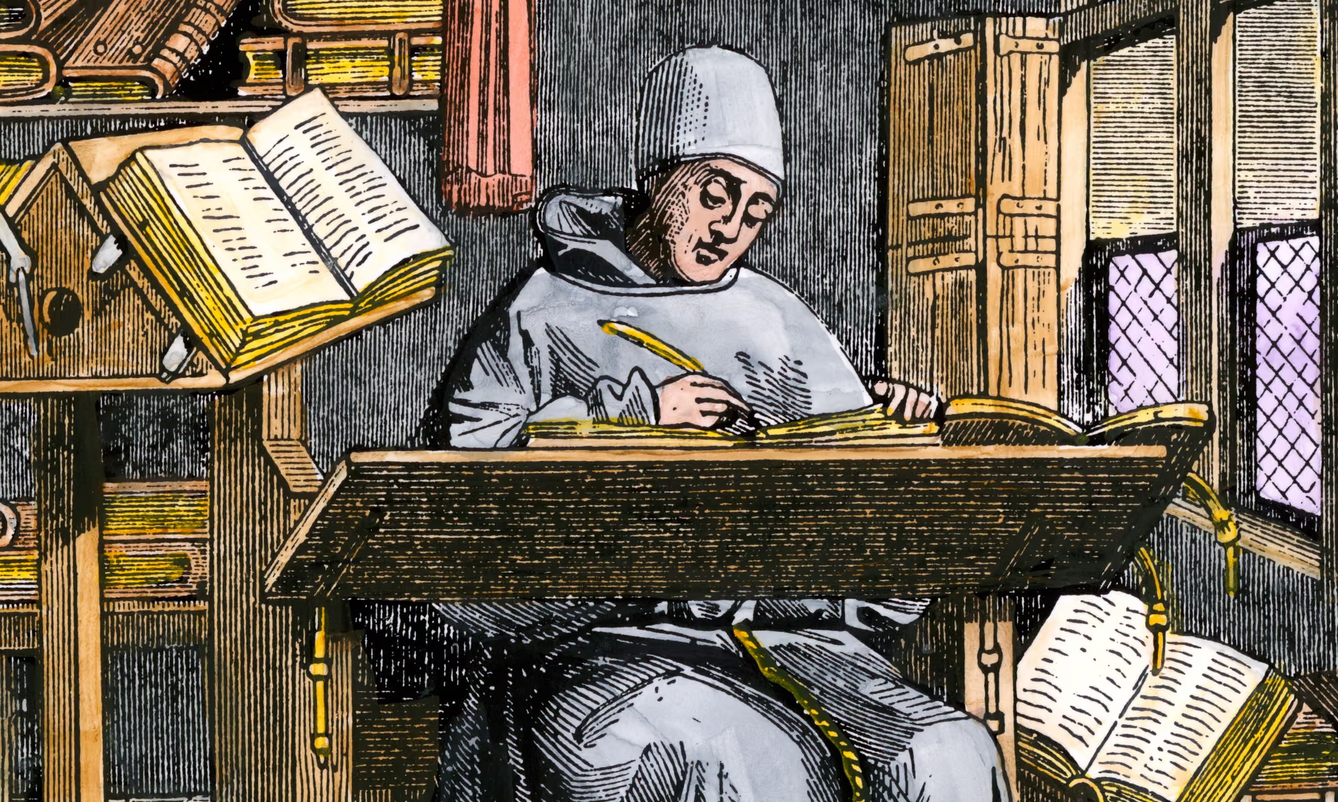 Illustration of a medieval monk writing at a desk, surrounded by open books and manuscripts in a library.