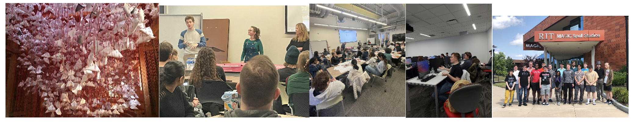 A collage of photos highlights student creativity and collaboration at RIT, featuring an art installation, classroom discussions, group workshops, computer lab work, and a team gathered outside MAGIC Spell Studios.