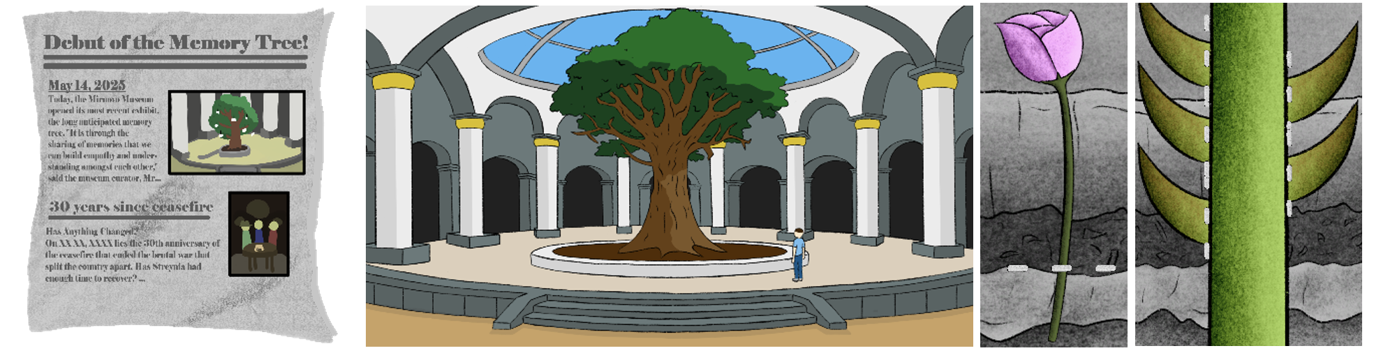 A series of illustrated scenes depict the debut of a symbolic “Memory Tree” exhibit, including a newspaper announcement, a grand museum hall with the tree at its center, and close-up imagery of a budding flower and thorned stem.