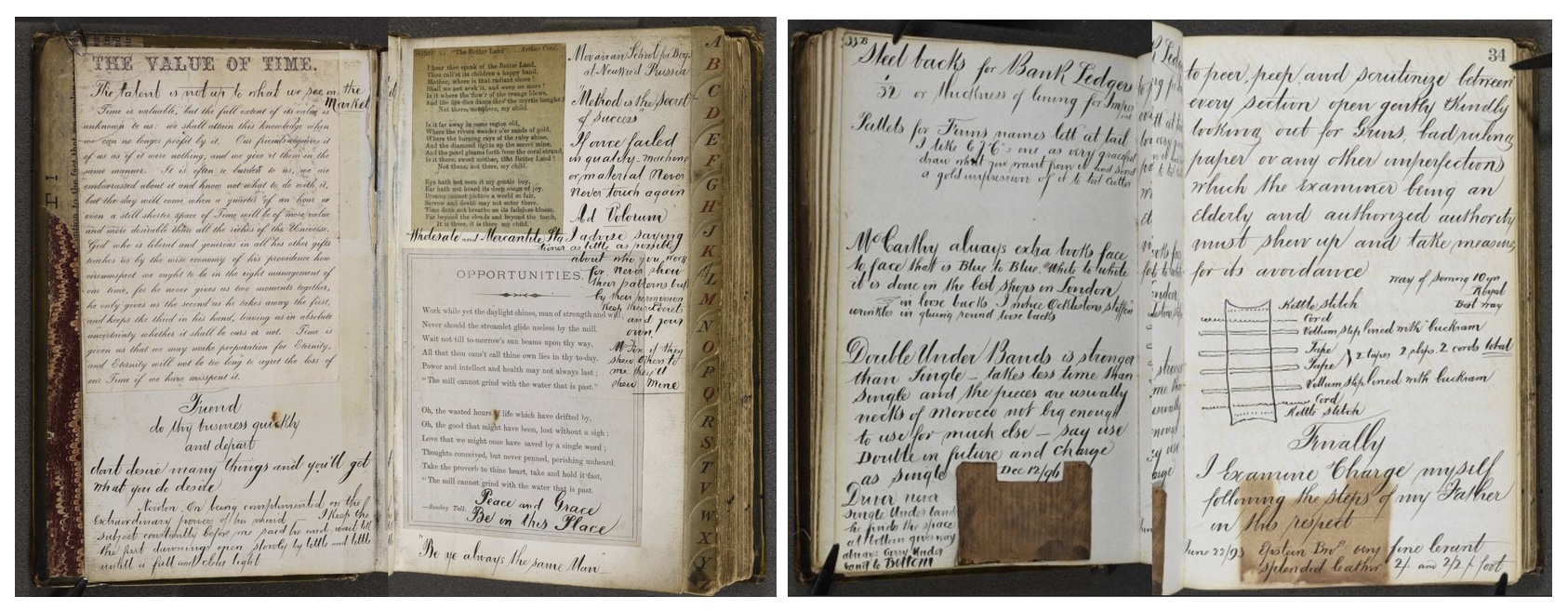 Side-by-side photographs of an aged handwritten notebook or scrapbook. The open pages contain elegant cursive notes, pasted poems and printed clippings, an alphabetical index along the page edge, and a small hand-drawn diagram. The worn binding and yellowed pages suggest a historical personal journal or reference book.