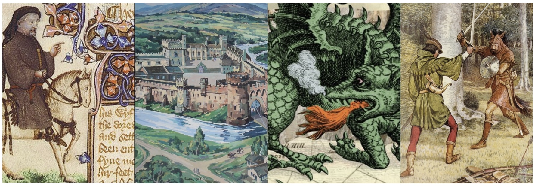 Four-panel collage of medieval and fantasy imagery: an illuminated manuscript showing a robed traveler riding a horse, an illustrated castle beside a river in a green landscape, a fire-breathing green dragon, and a medieval-style scene of an archer fighting a sword-and-shield-wielding creature in a forest.