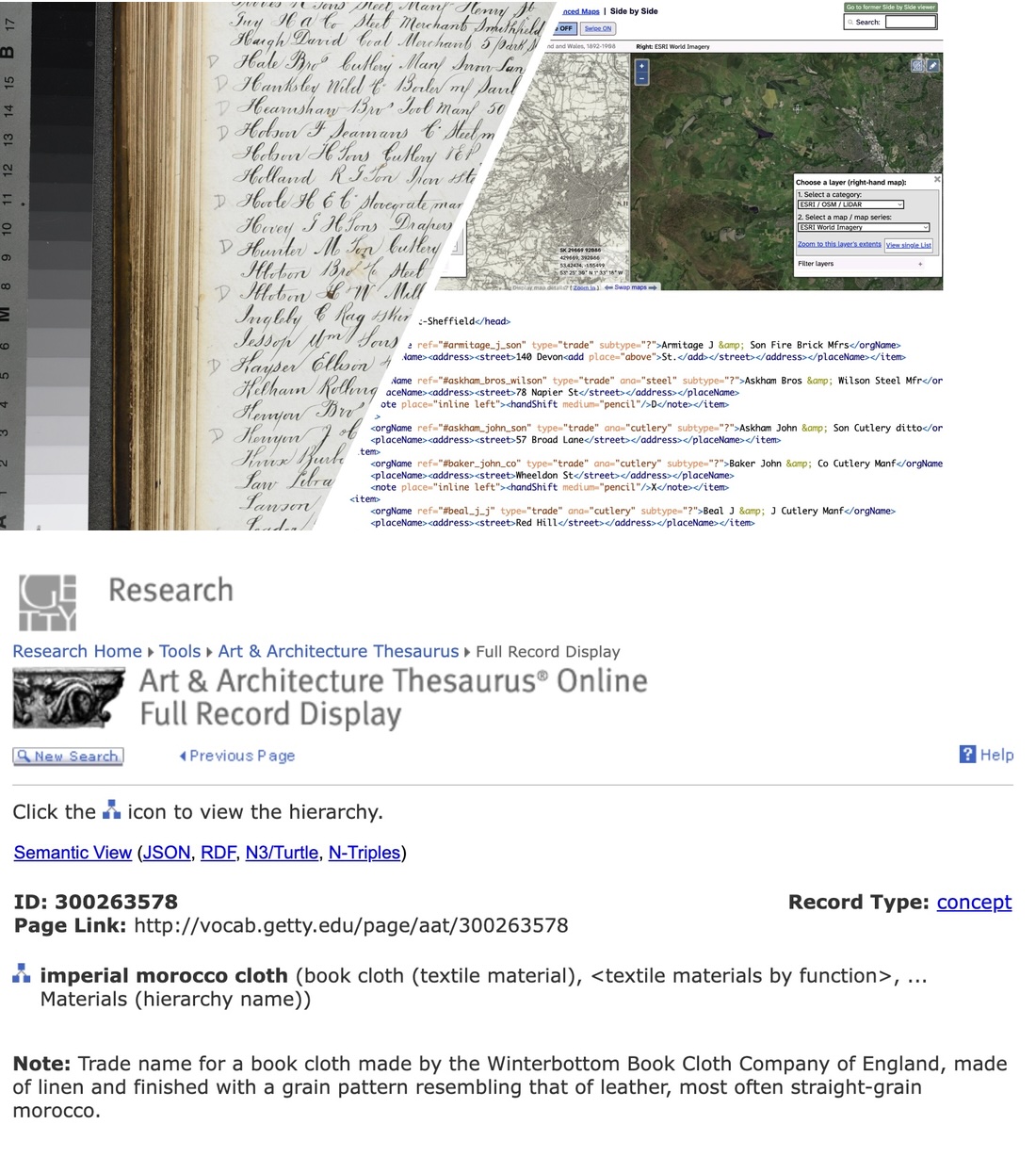 Composite image illustrating digital humanities research methods. A historical handwritten trade directory is shown alongside a side-by-side historical and satellite map viewer and a sample of XML-encoded transcription. Below is a screenshot of the Getty Research Institute’s Art & Architecture Thesaurus Online, displaying a vocabulary record for ‘imperial morocco cloth.'