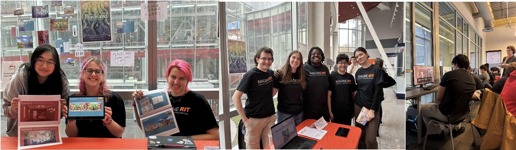 Students present and demonstrate their “Peaceland” game project at an RIT exhibition.