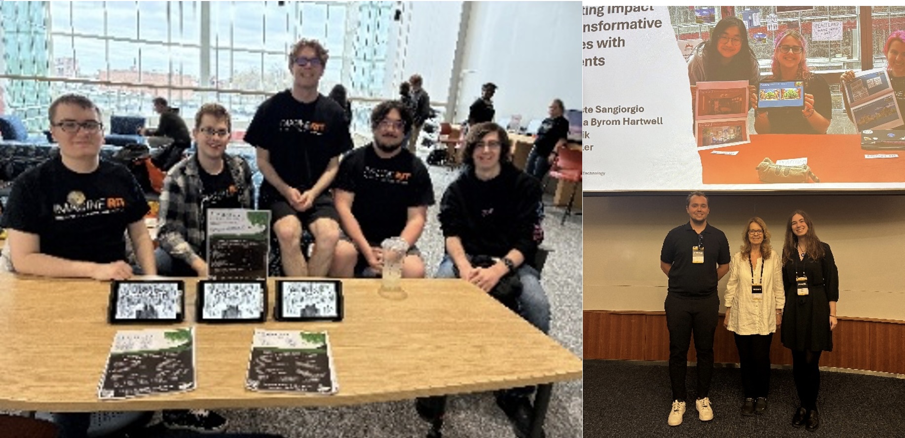 Collage showing RIT students exhibiting interactive projects and faculty and students presenting their work at a conference.