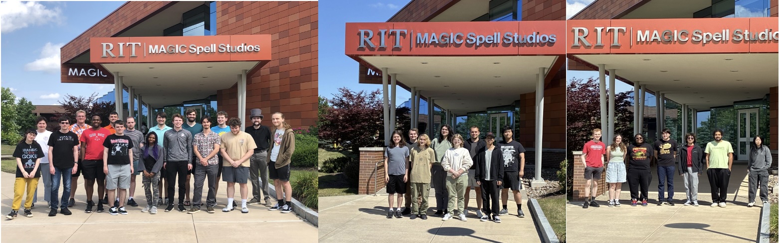 Three groups of students pose outside RIT’s MAGIC Spell Studios building.
