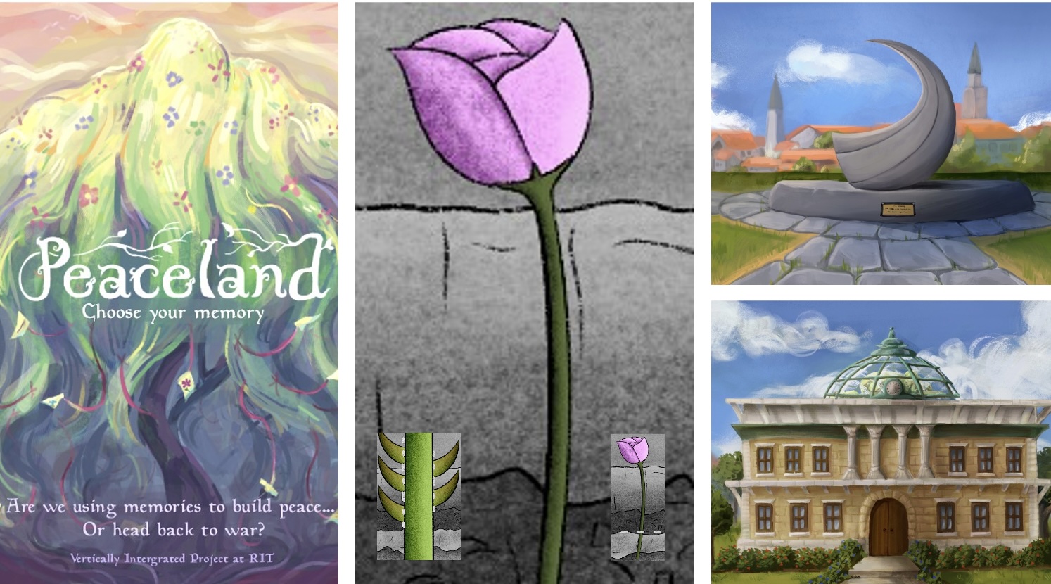 Concept art from the “Peaceland” game, featuring its poster, a symbolic pink flower, a crescent-shaped monument, and a museum building.