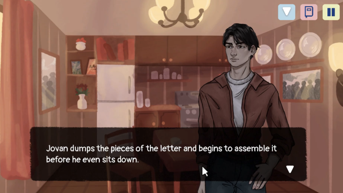 Screenshot of a visual novel showing Jovan standing in a kitchen as he begins assembling pieces of a letter.