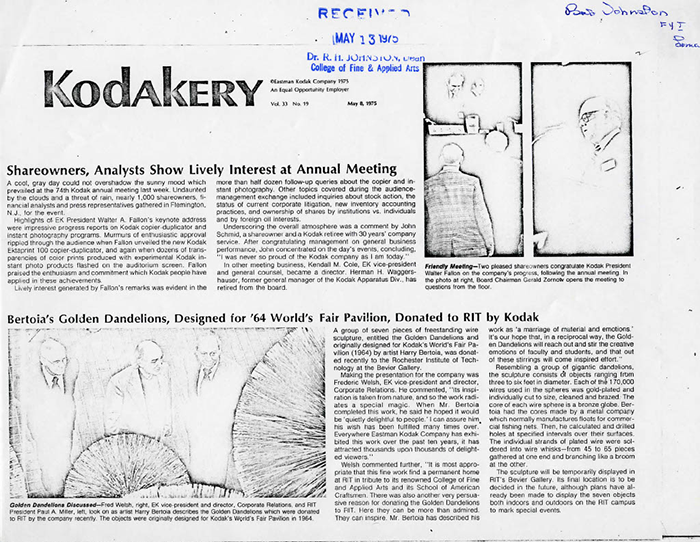1975 article announcing the donations of the dandelions to RIT