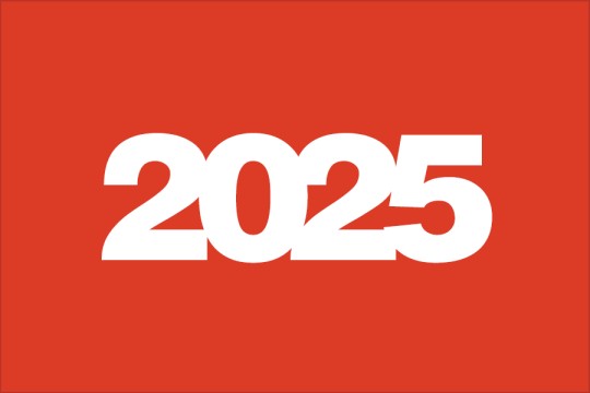 White 2025 on an solid orange background