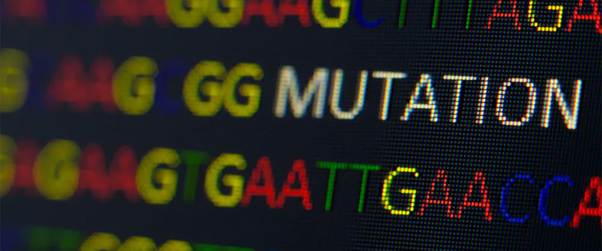 DNA sequence highlighted on screen with the word "MUTATION" indicating a genetic alteration in the code.