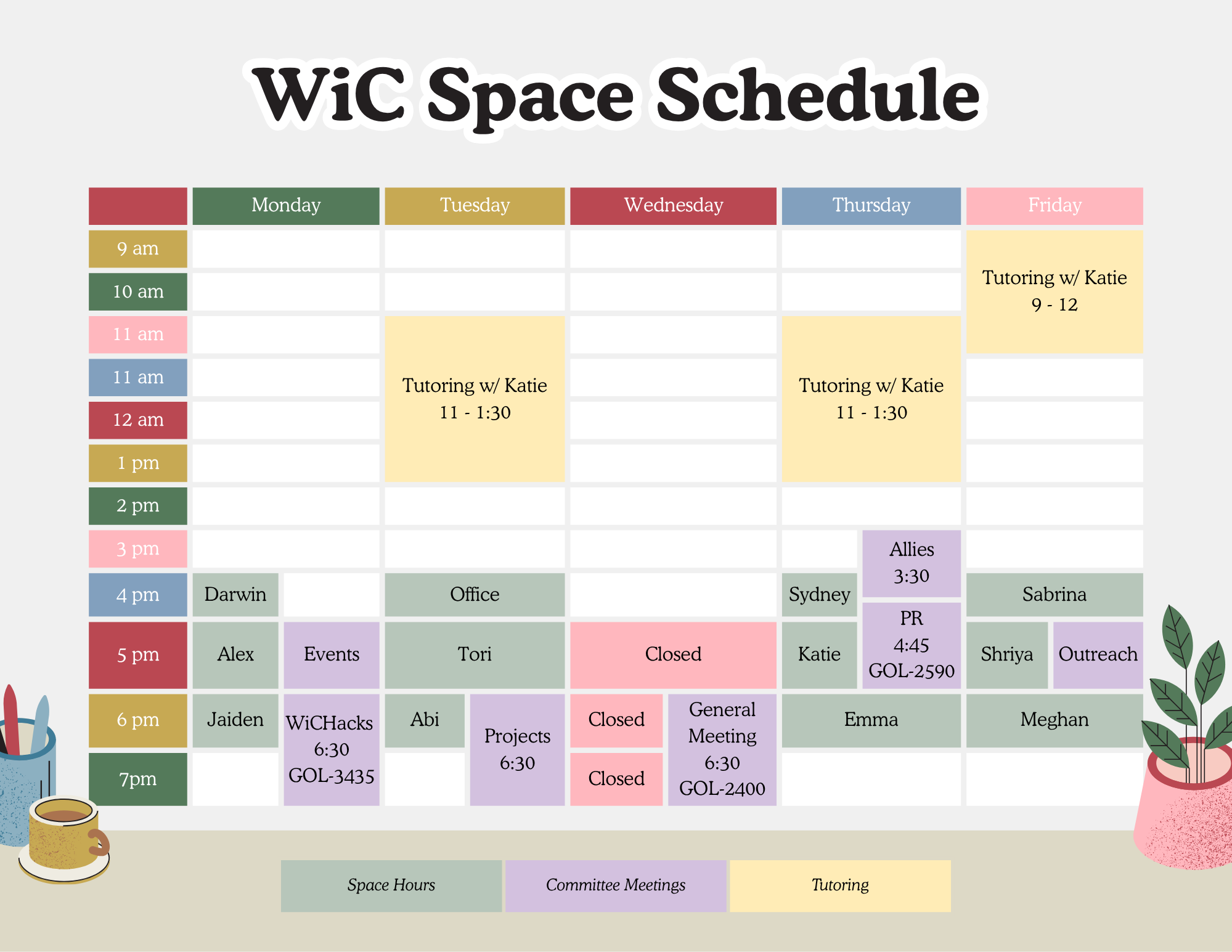 WiC Space is open daily from 9am - 7pm and monitored by varying committee heads during that time.