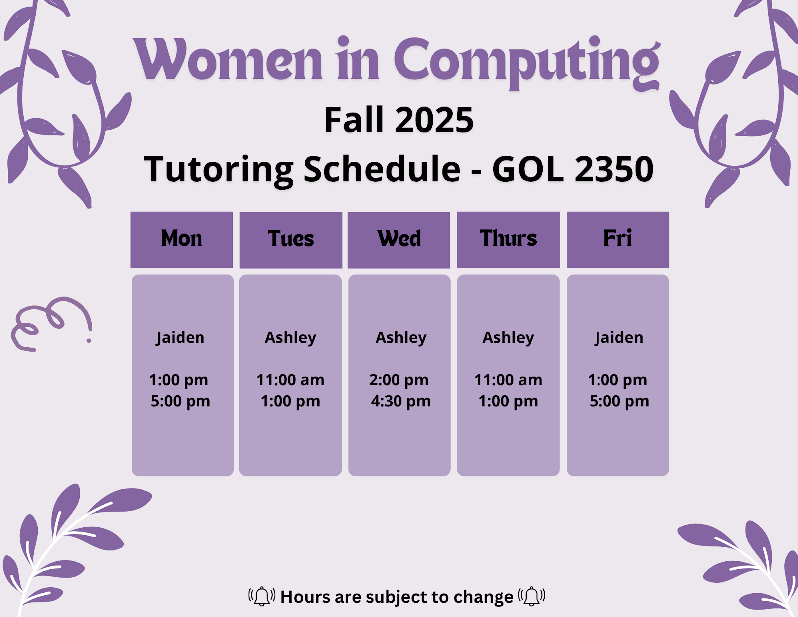 Jaiden 1-5 Monday, Ashley 11-1 Tuesday, Ashley 2-4:30 Wednesday, Ashley 11-1 Thursday, Jaiden 1-5 Friday